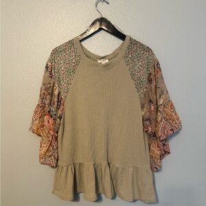 Umgee Floral Patchwork Top in Beige and Multicolor